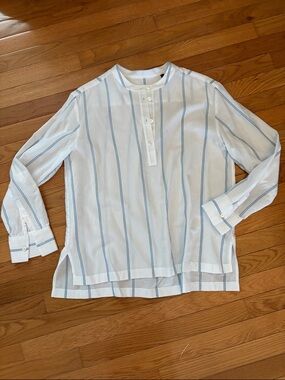 Women's White and Light Blue Striped Pullover Blouse